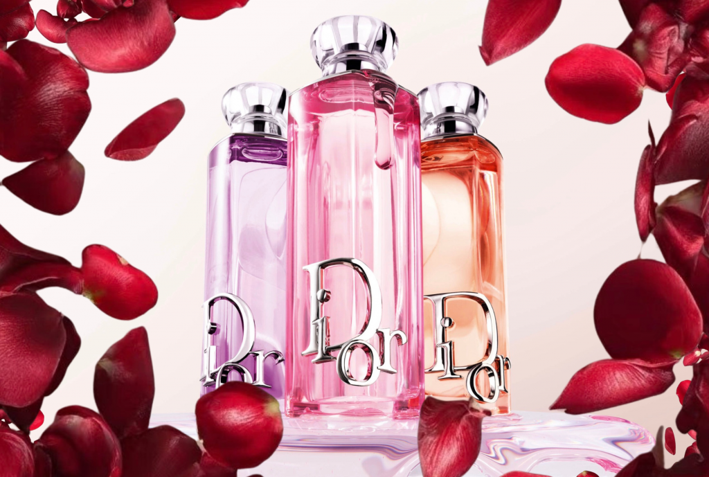 Dior perfume collection with rose petals luxury fragrance aesthetic