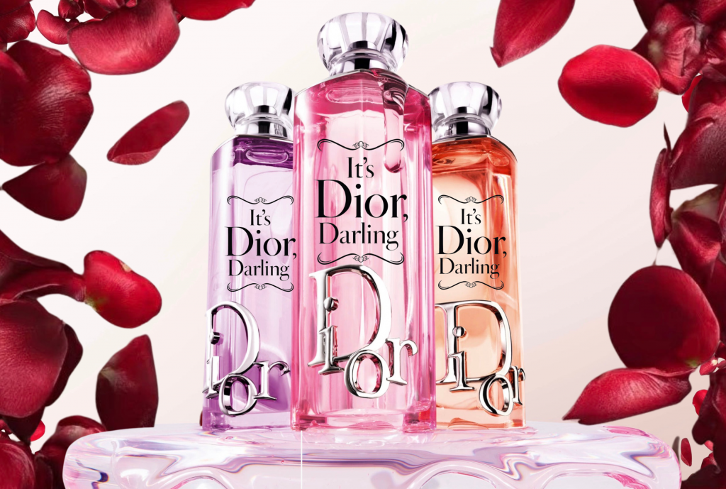 Dior perfume collection with rose petals luxury fragrance aesthetic