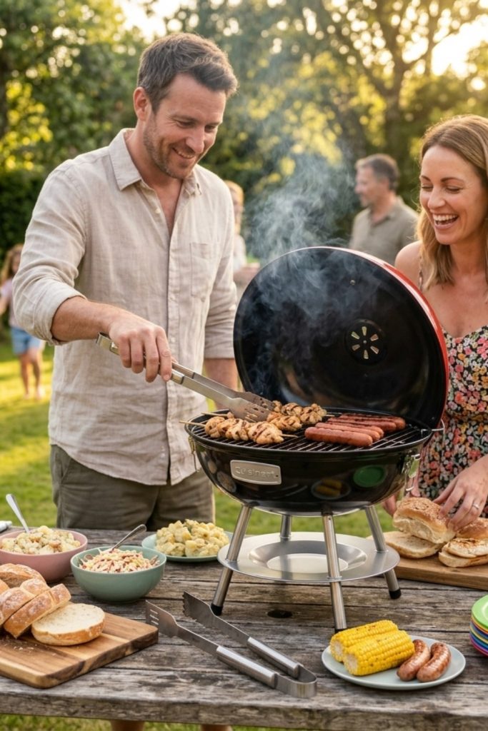 A man grilling food on a black Cuisinart portable charcoal kettle grill outdoors during a family picnic or backyard gathering.