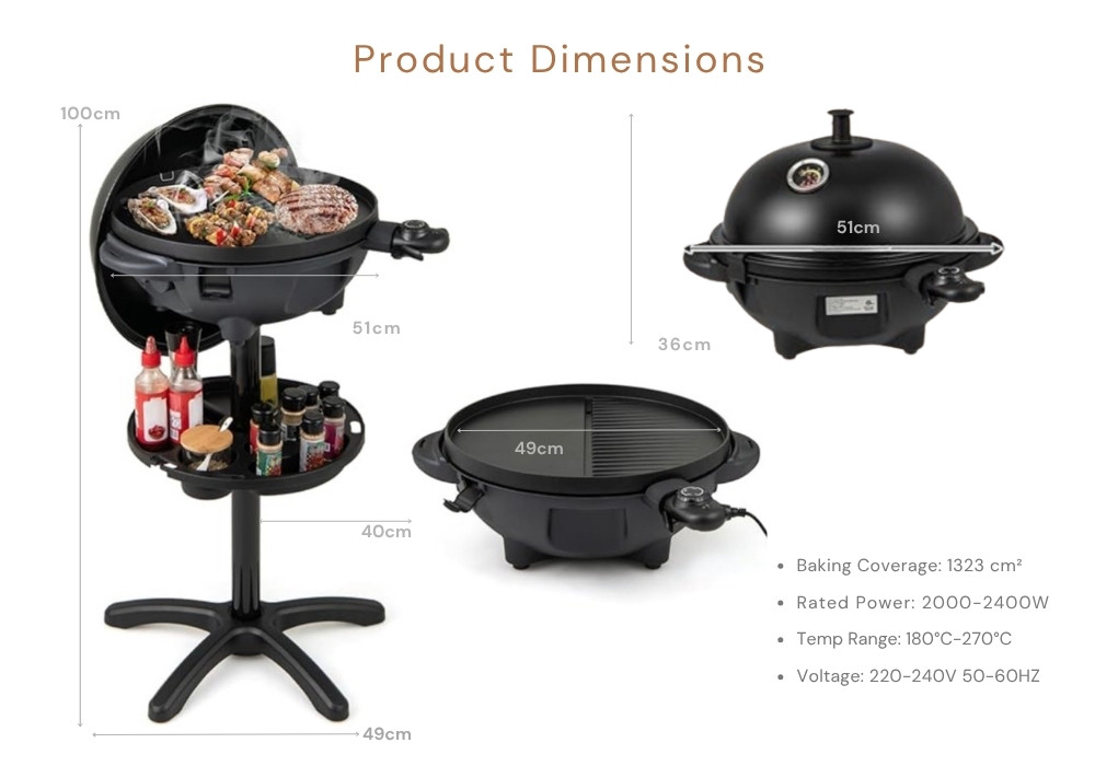 Indoor outdoor electric BBQ grill with stand dimensions and features