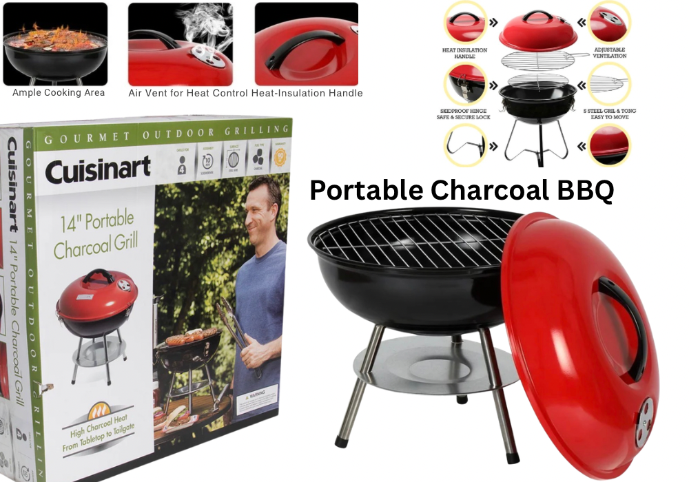 portable charcoal BBQ grill with lid for outdoor cooking