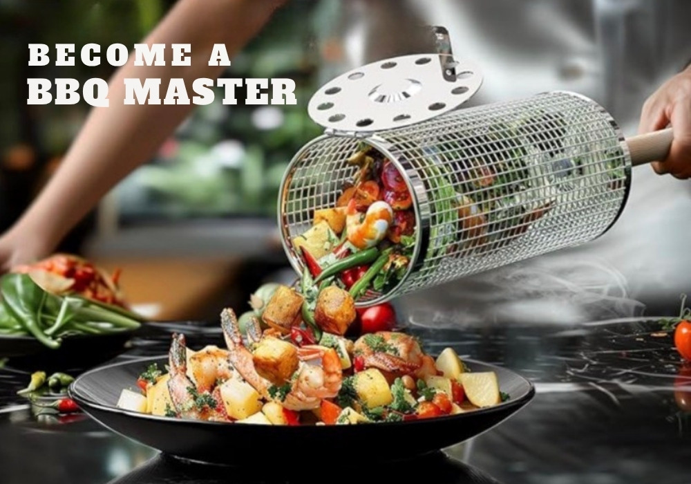 stainless steel rotating grill basket cylinder for bbq cooking