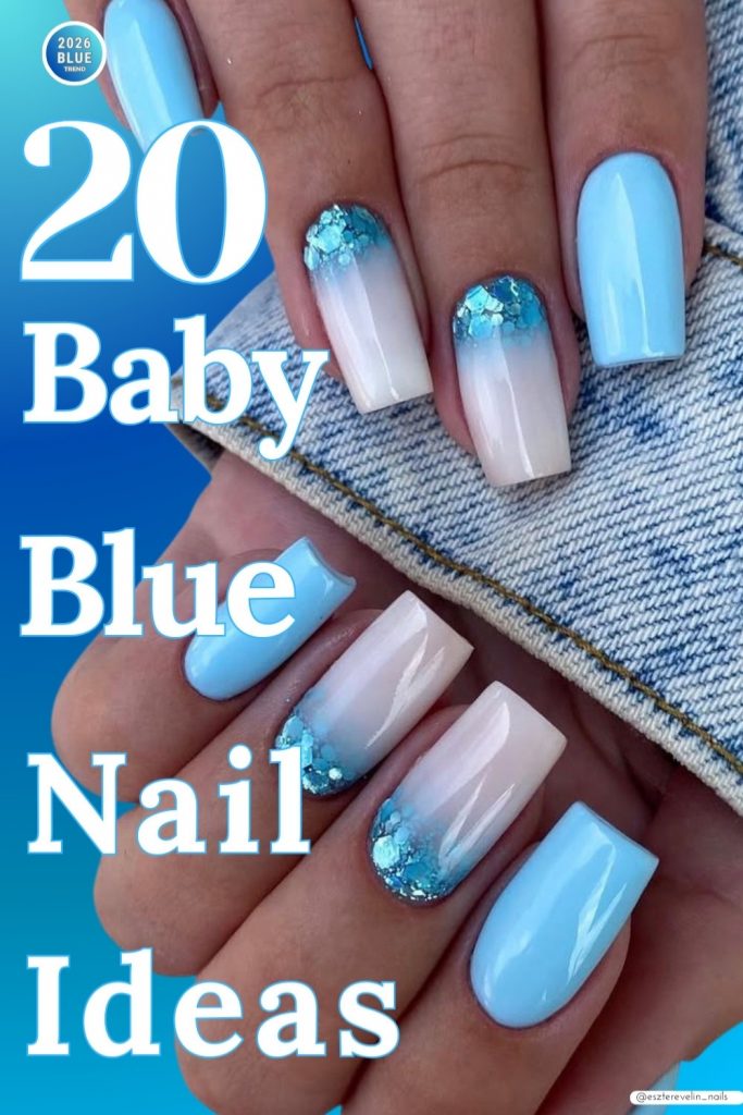 baby blue nail design close-up with glossy finish and modern aesthetic style