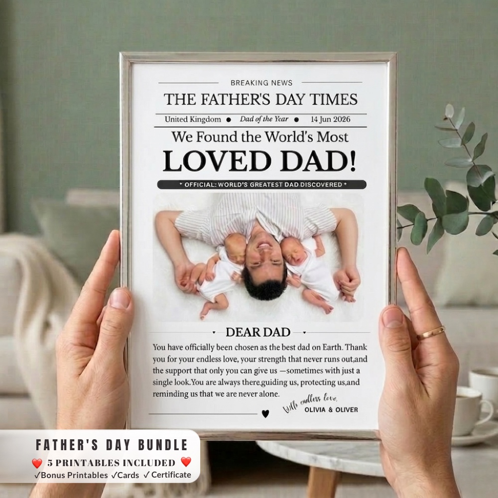 Free Father's Day newspaper style photo frame printable, emotional personalized gift for dad.