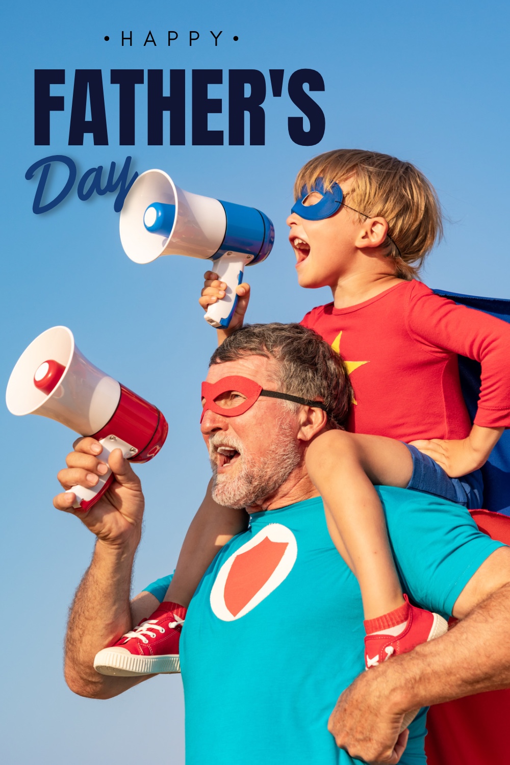 Father and son dressed as superheroes with mega-phones, celebrating Father's Day