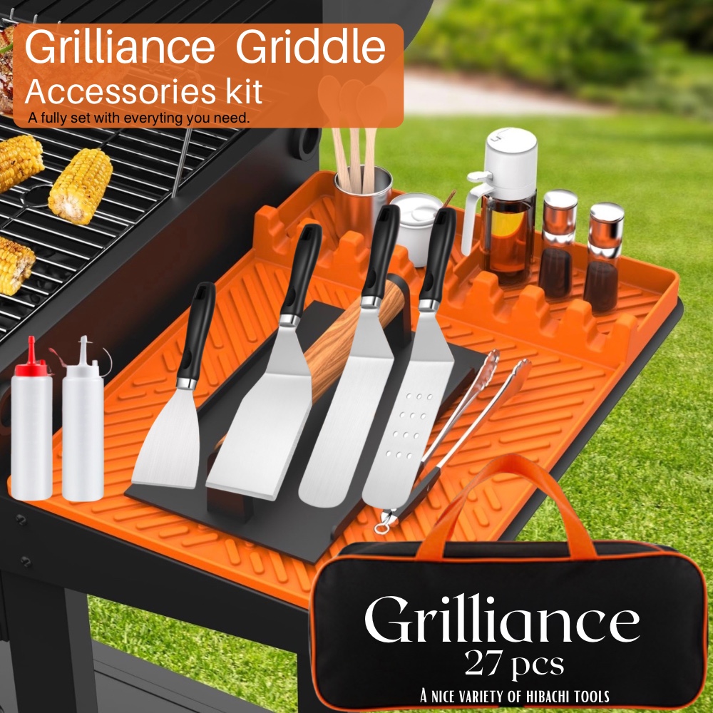 27 piece bbq grill tool set on outdoor table complete grilling accessories kit