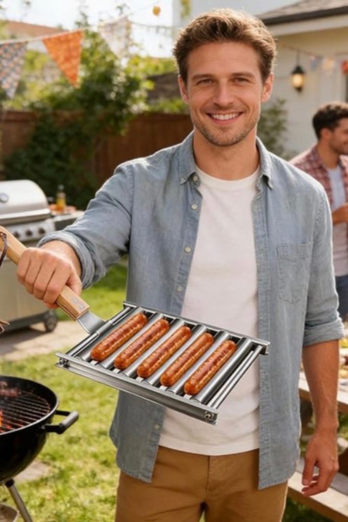 A man smiling outdoors while holding a stainless steel hot dog grill roller with six sausages cooking evenly over a barbecue.