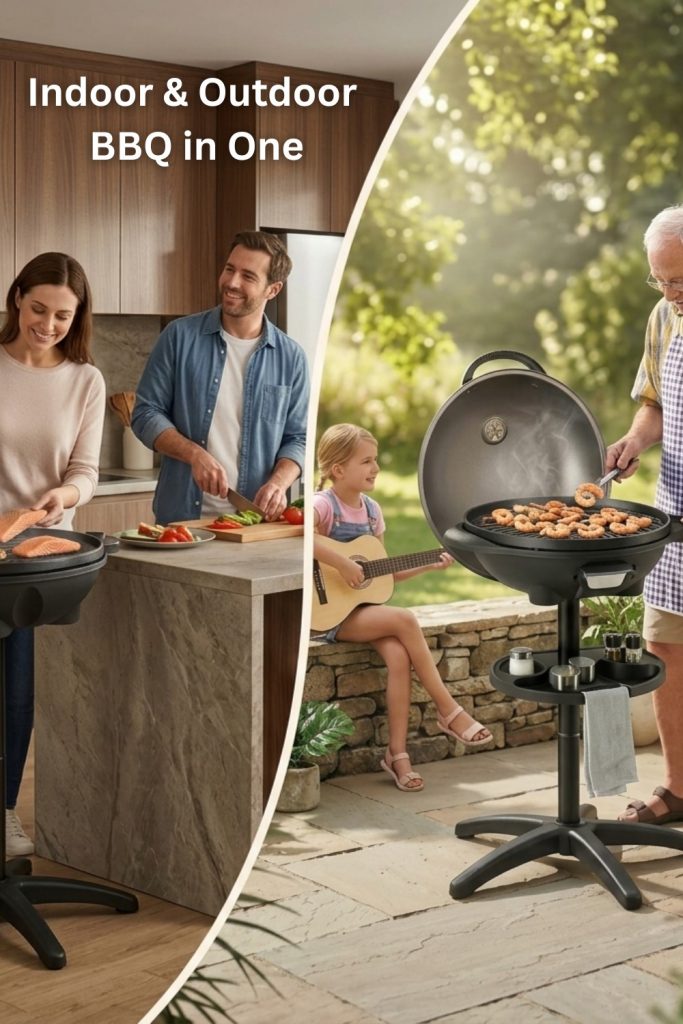 A sleek, black indoor-outdoor electric grill positioned on a balcony with a family enjoying a meal in the background, showcasing its versatile design.