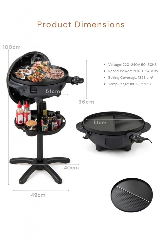 Technical product diagram of an indoor-outdoor electric grill showing height dimensions, stand components, and the removable grill plate for tabletop use.