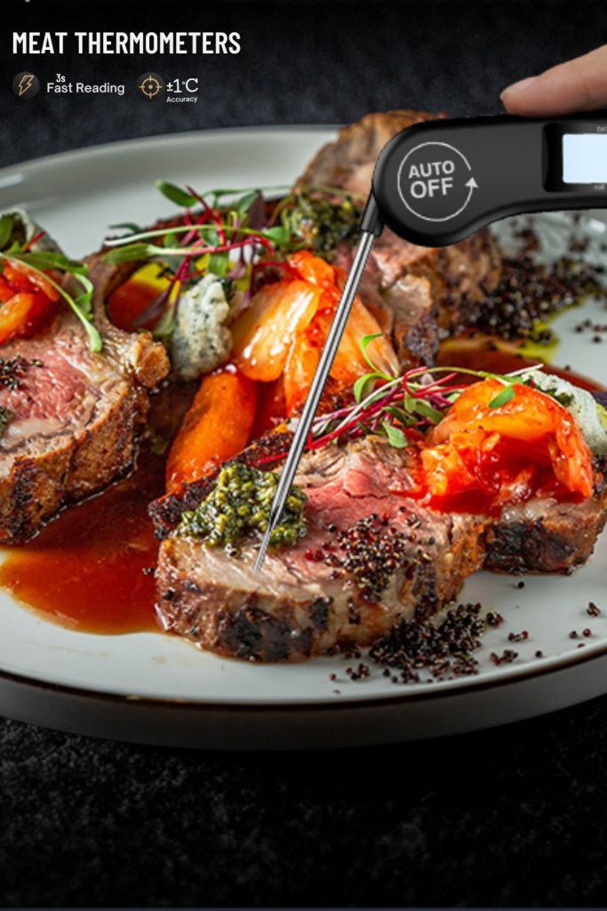 A digital instant-read meat thermometer being inserted into a thick, juicy steak on a plate with roasted vegetables to check for the perfect internal temperature.