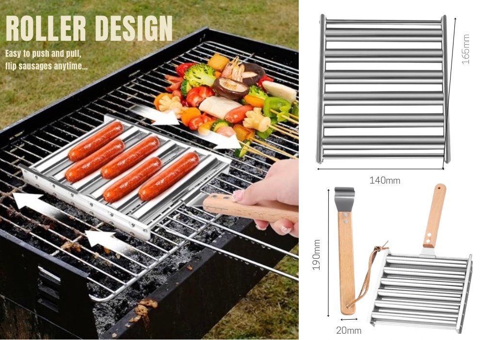 man grilling hot dogs with a BBQ roller on an outdoor charcoal grill