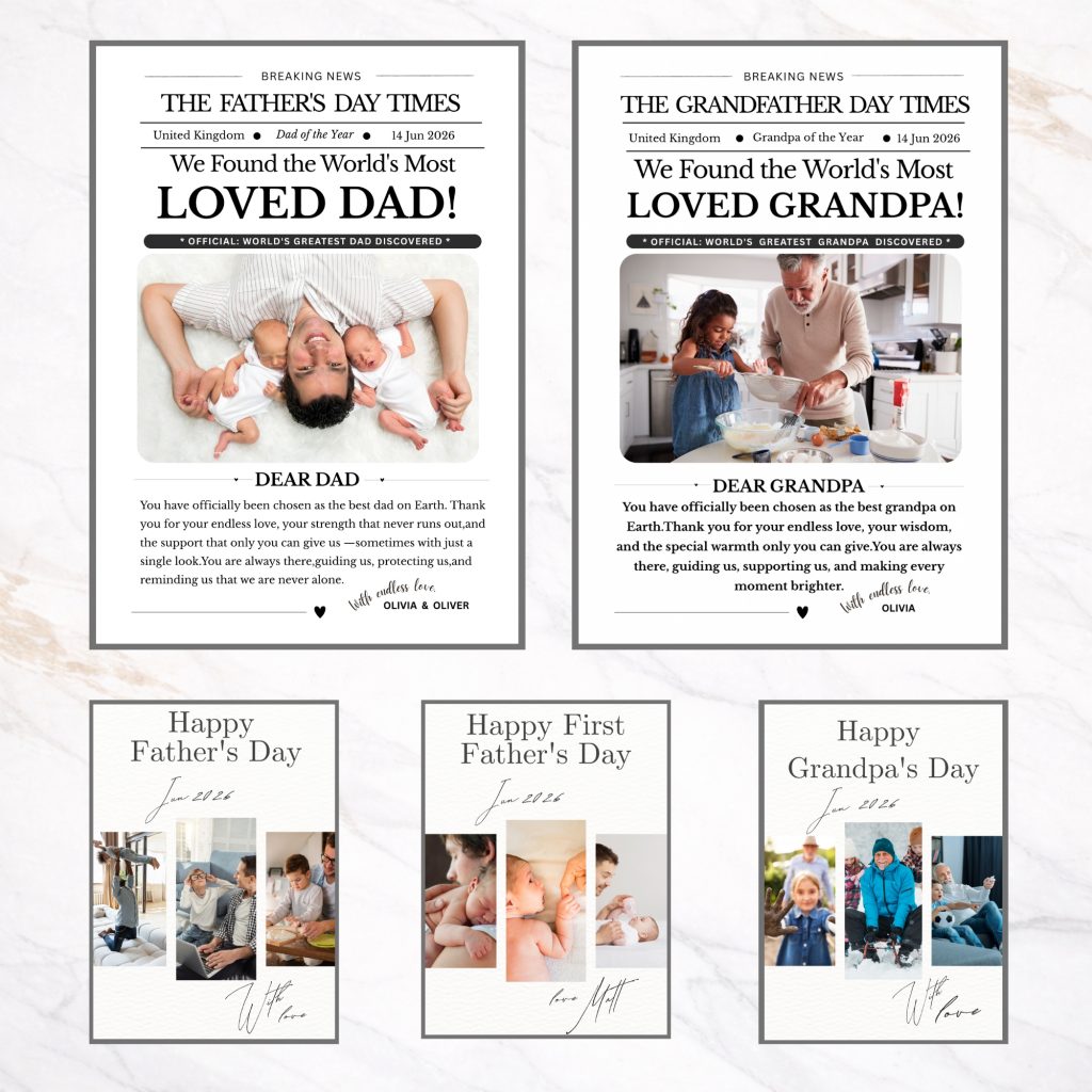 Father’s Day printable gift bundle with customizable photo frame and greeting cards