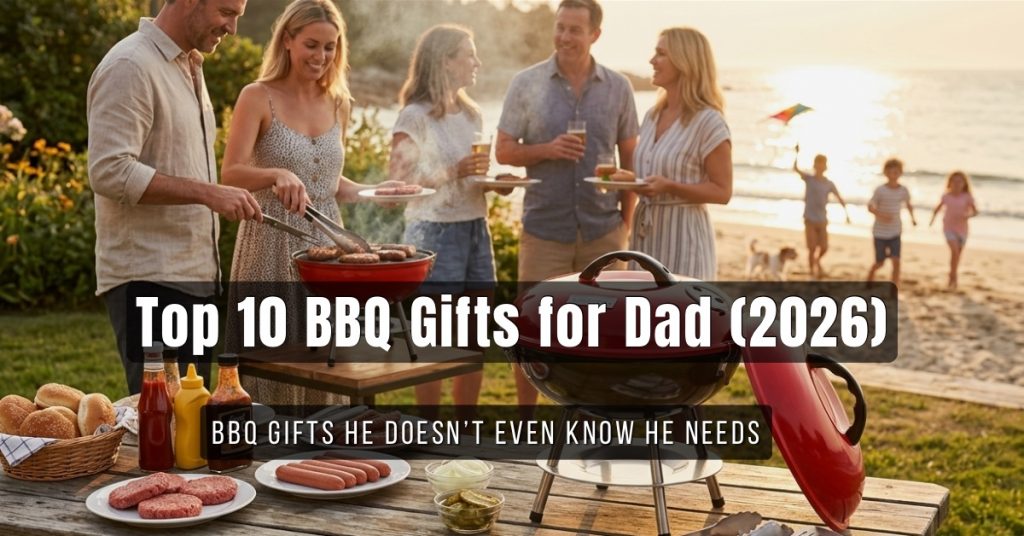 Top 10 BBQ gifts for dad 2026 – family grilling outdoors with portable BBQ and food