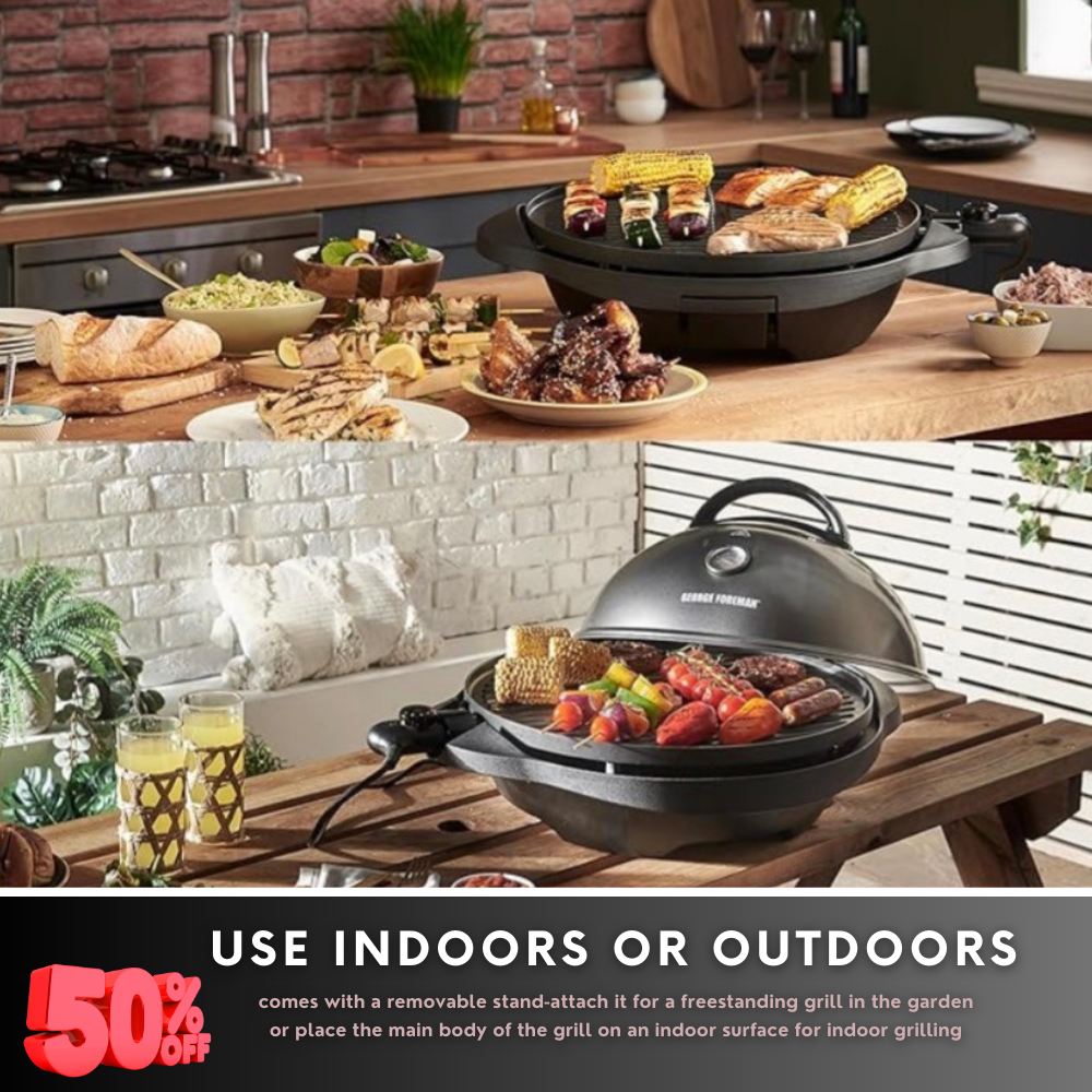 Indoor outdoor electric BBQ grill with stand and lid cooking vegetables