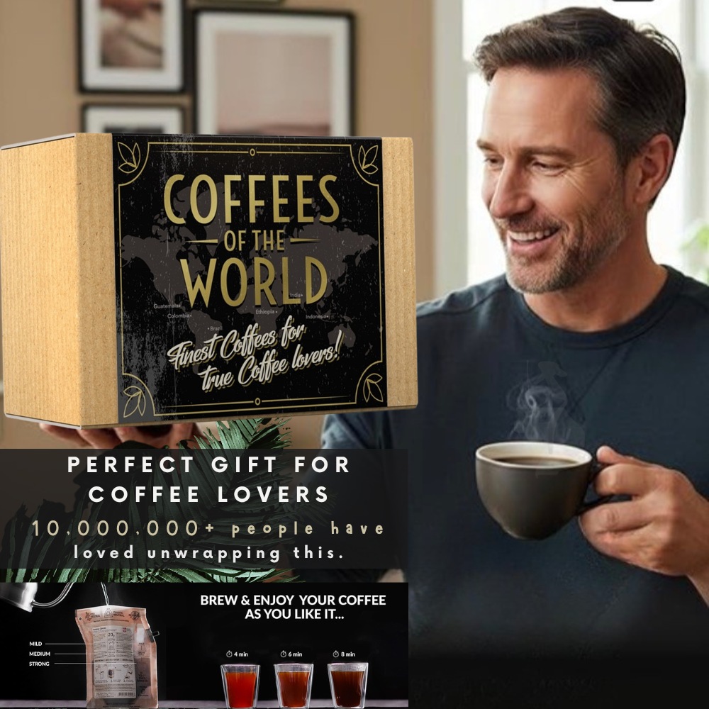 coffee gift set coffees of the world box for dad coffee lover with hot steaming cup