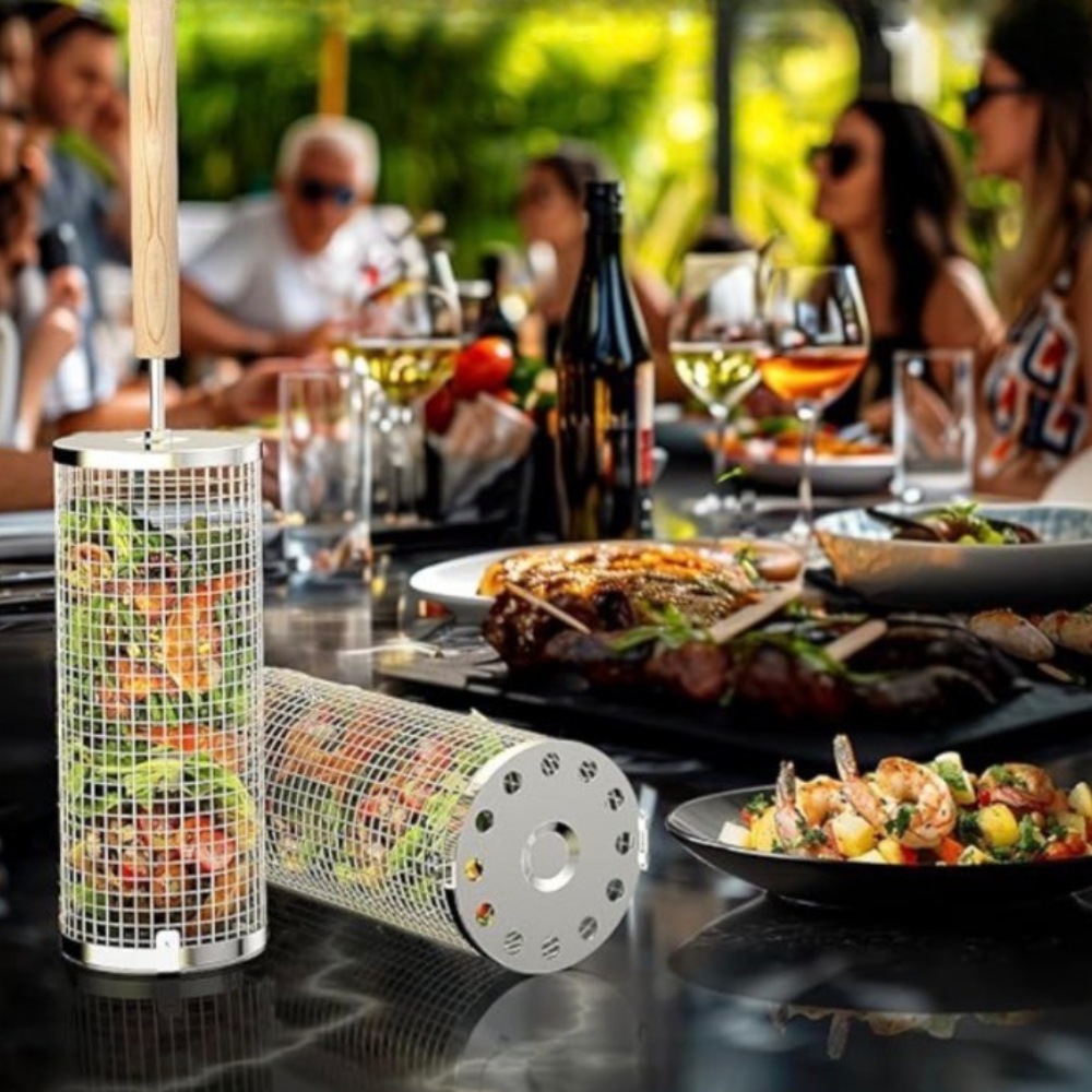 rolling grill basket bbq vegetables shrimp stainless steel grill tool outdoor cooking