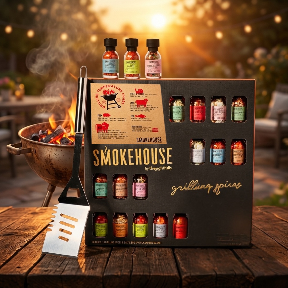 BBQ spice gift set 20 pieces with grilling spices and sauces on rustic table with barbecue background