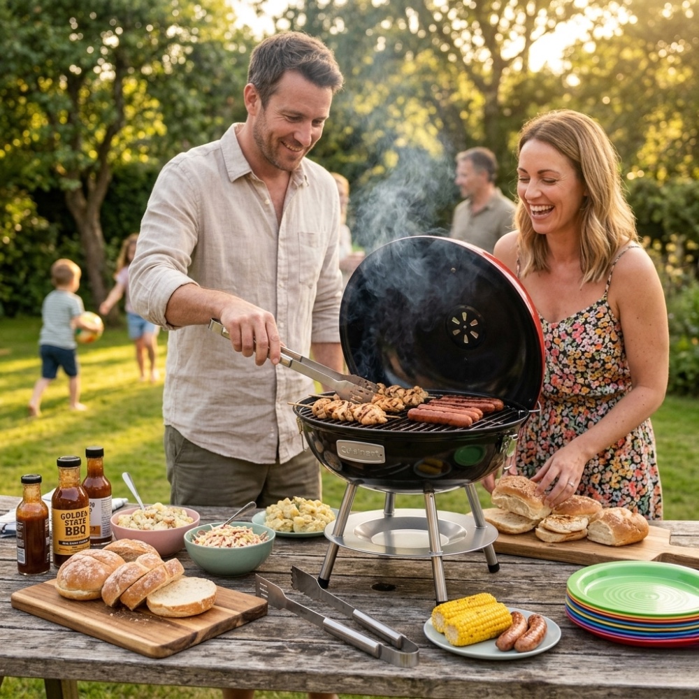 family barbecue in garden using portable charcoal grill with food and outdoor dining setup