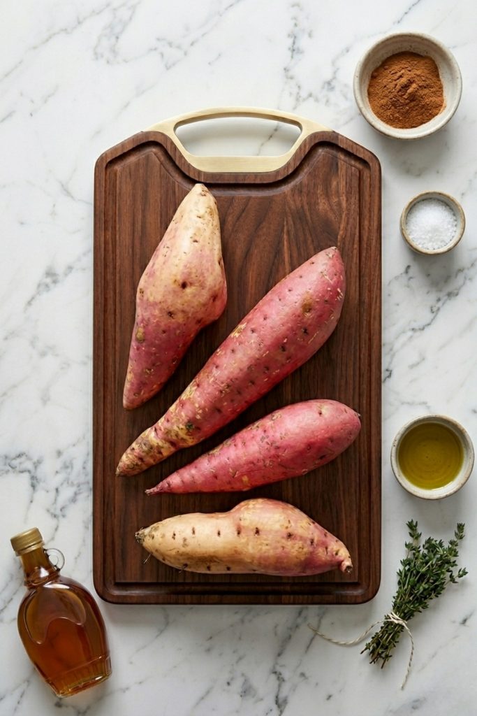 Fresh raw sweet potatoes on a dark wooden cutting board with bowls of cinnamon, salt, olive oil, thyme, and maple syrup.