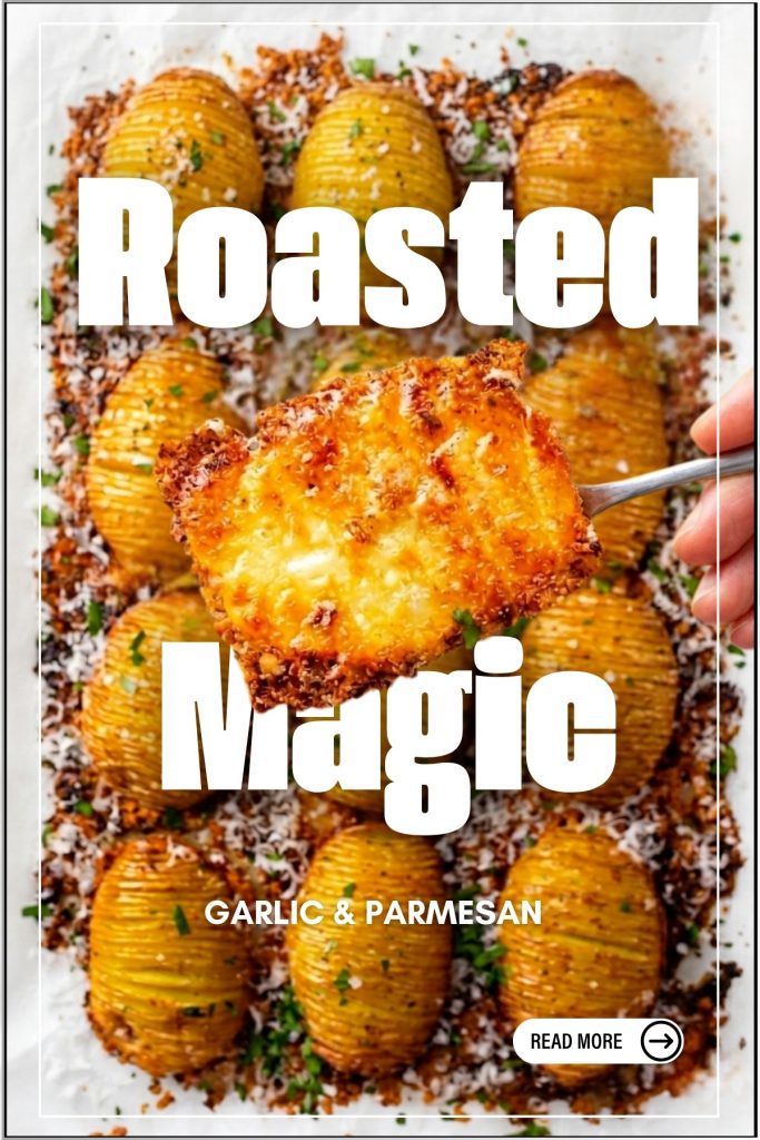 A high-quality video showing crispy Hasselback sweet potatoes roasted with garlic and parmesan. A fork lifts one extra-crunchy potato to show the caramelized texture. Text overlay: Roasted Magic Garlic & Parmesan.