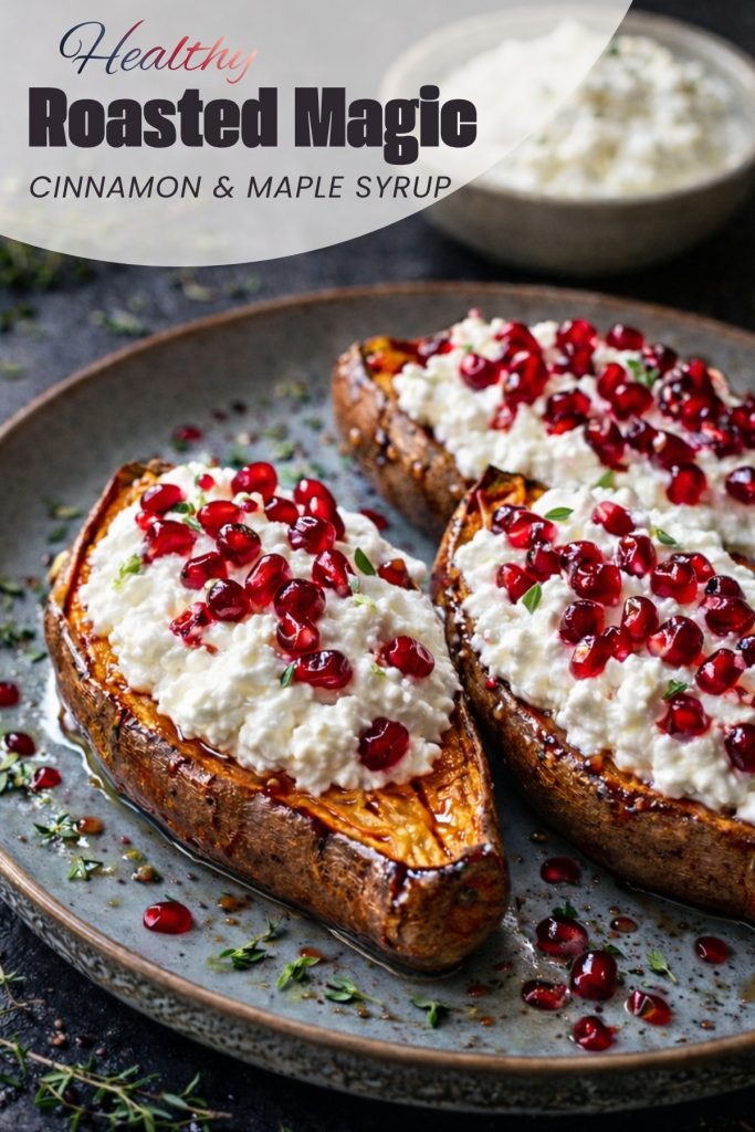 Healthy cinnamon and maple syrup roasted sweet potatoes with whipped feta and pomegranate seeds on a rustic plate.