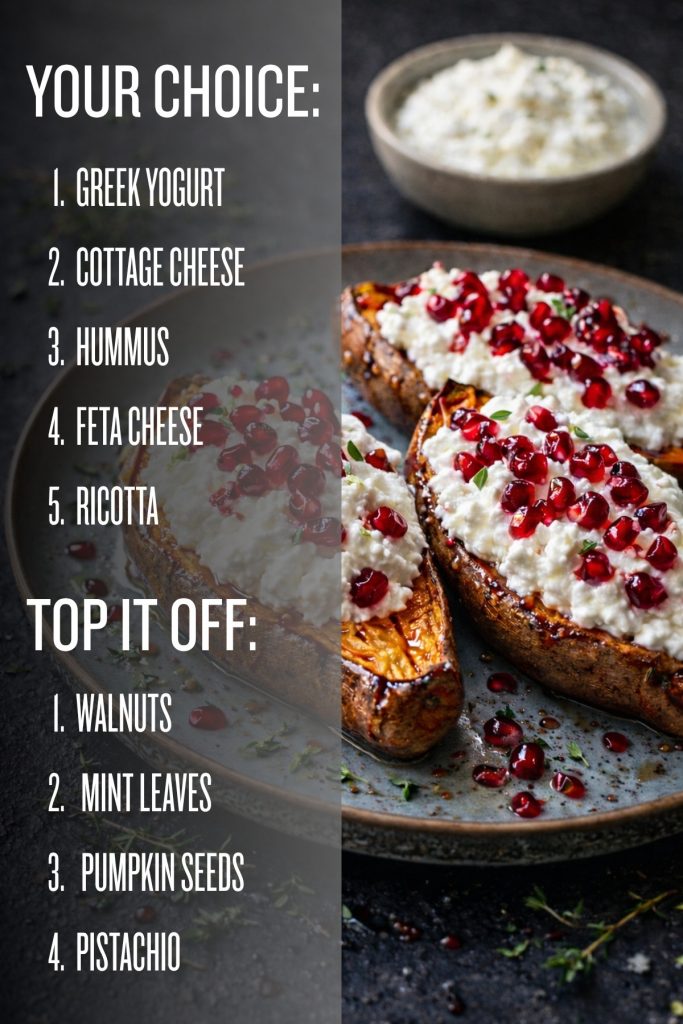 Finished roasted sweet potato boats topped with creamy white cheese, fresh herbs, and vibrant red pomegranate seeds.