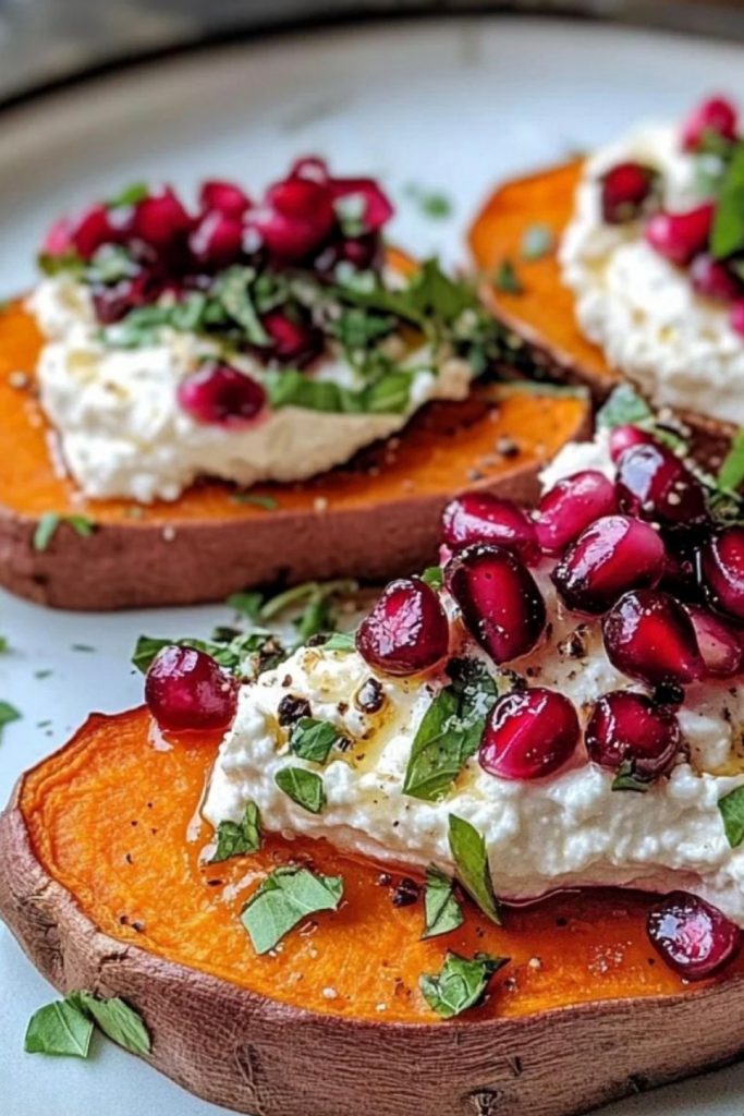 Close up of caramelized sweet potato slices topped with whipped feta cheese, fresh pomegranate seeds, and herbs.