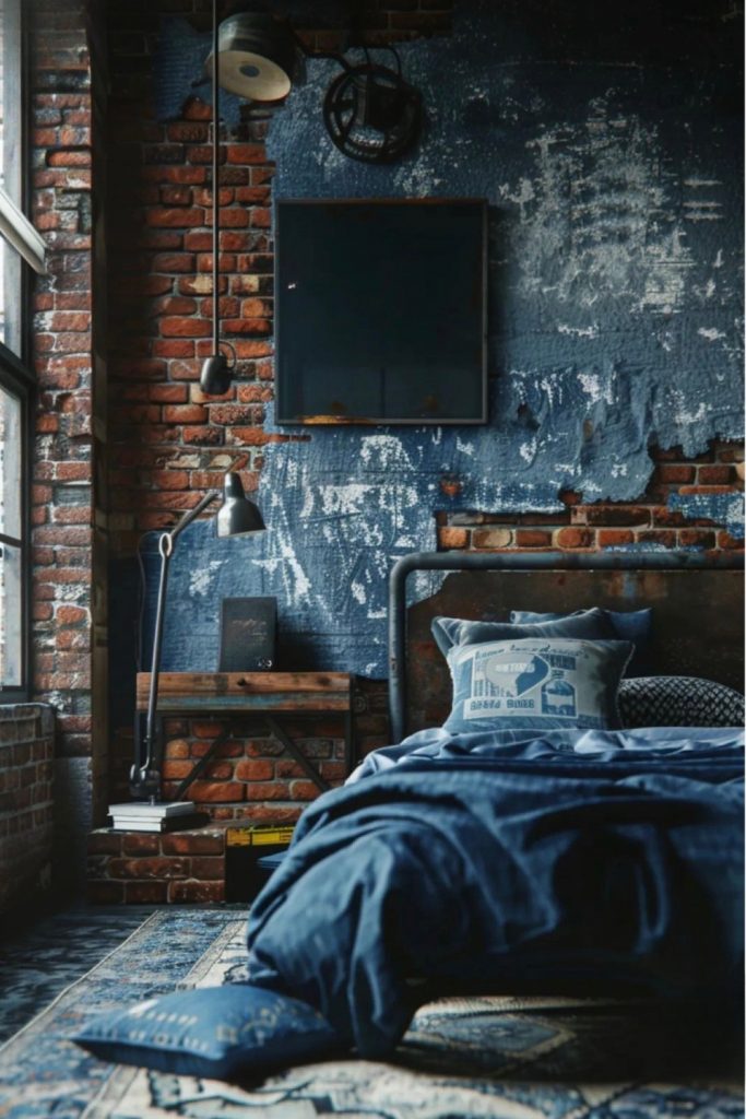 Dark blue art bedroom with elegant textures, stone wall accents and warm ambient lighting creating a sophisticated luxury space