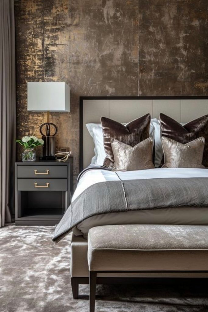 Elegant silver bedroom with satin pillows, textured metallic wall and soft lighting creating a modern luxury hotel feel