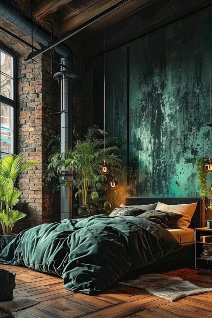 Dark green industrial bedroom with plants, exposed brick wall and moody lighting creating a bold and calming atmosphere