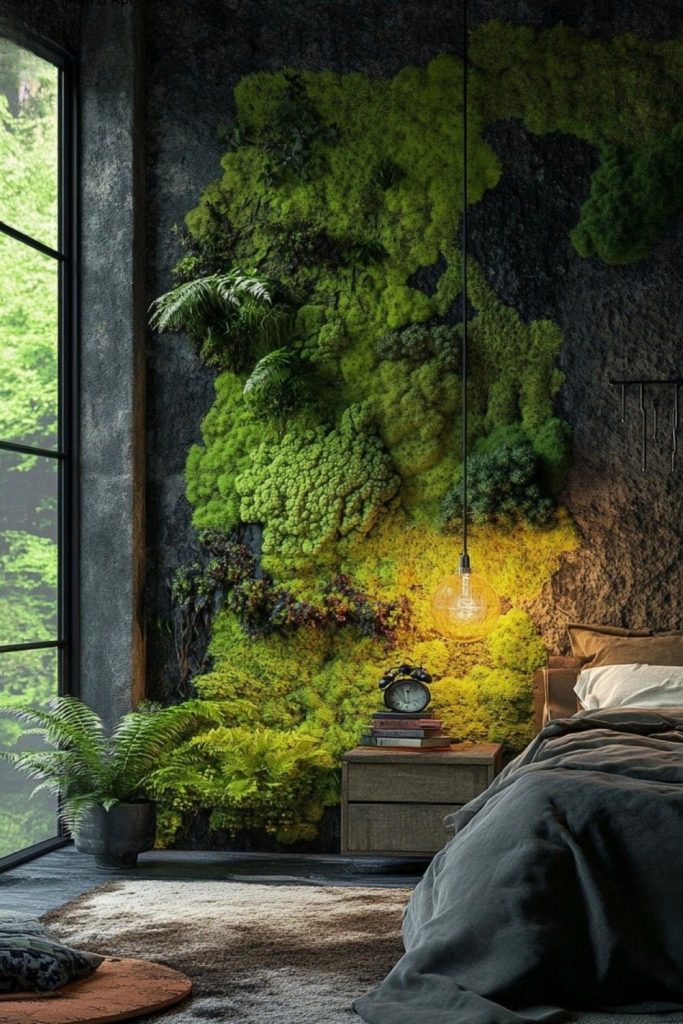 Green art bedroom with living moss wall, soft lighting and natural textures creating a calm and organic luxury space