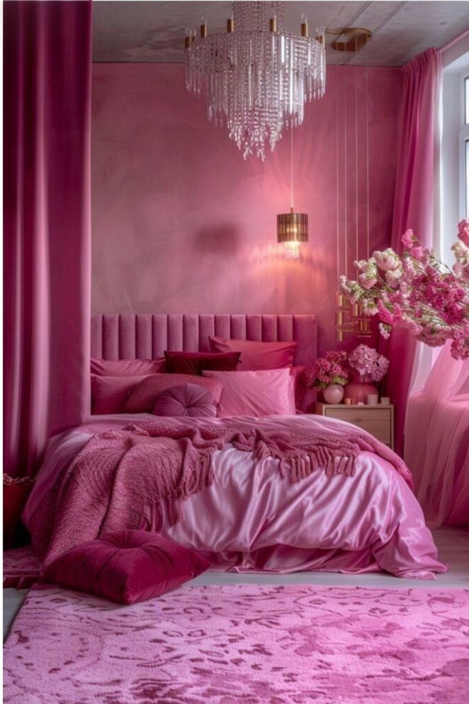 bold pink bedroom romantic luxury pink decor statement chandelier velvet pink bed glamorous bedroom
