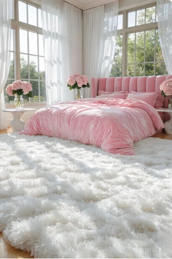 soft luxury pink bedroom fluffy rug cozy pink bed aesthetic feminine bedroom plush texture decor