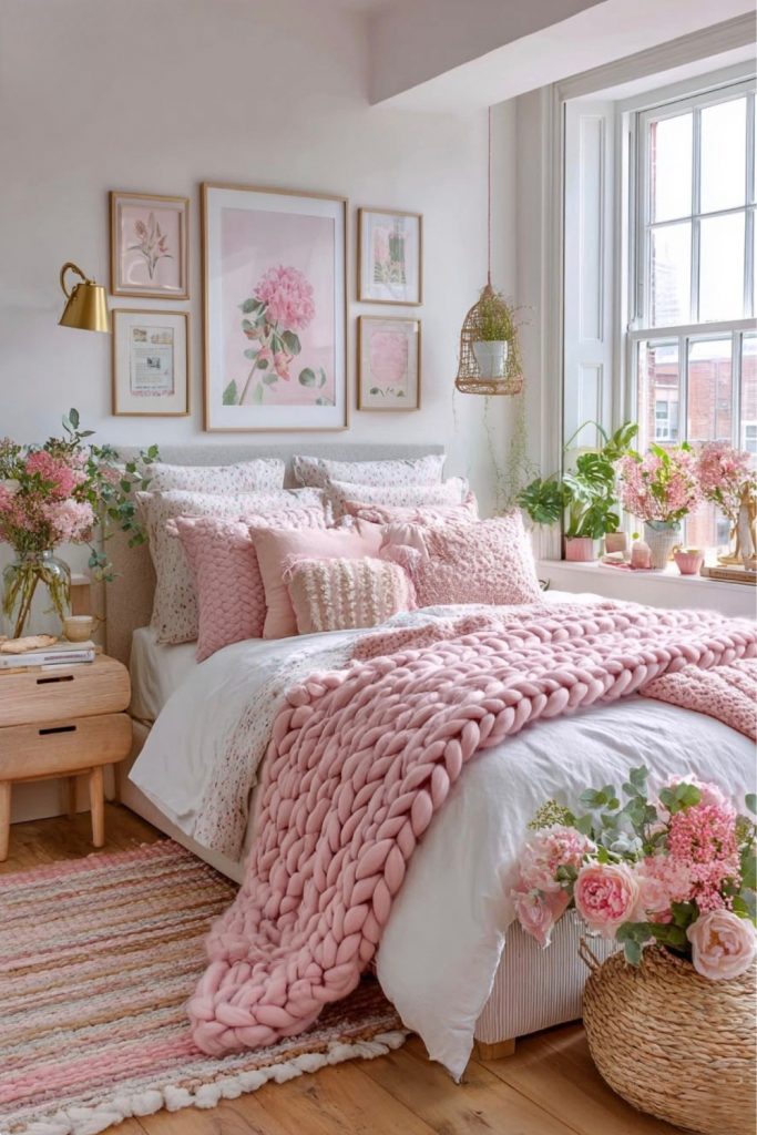 modern pink bedroom white accents soft blush bedroom cozy feminine decor bright airy bedroom