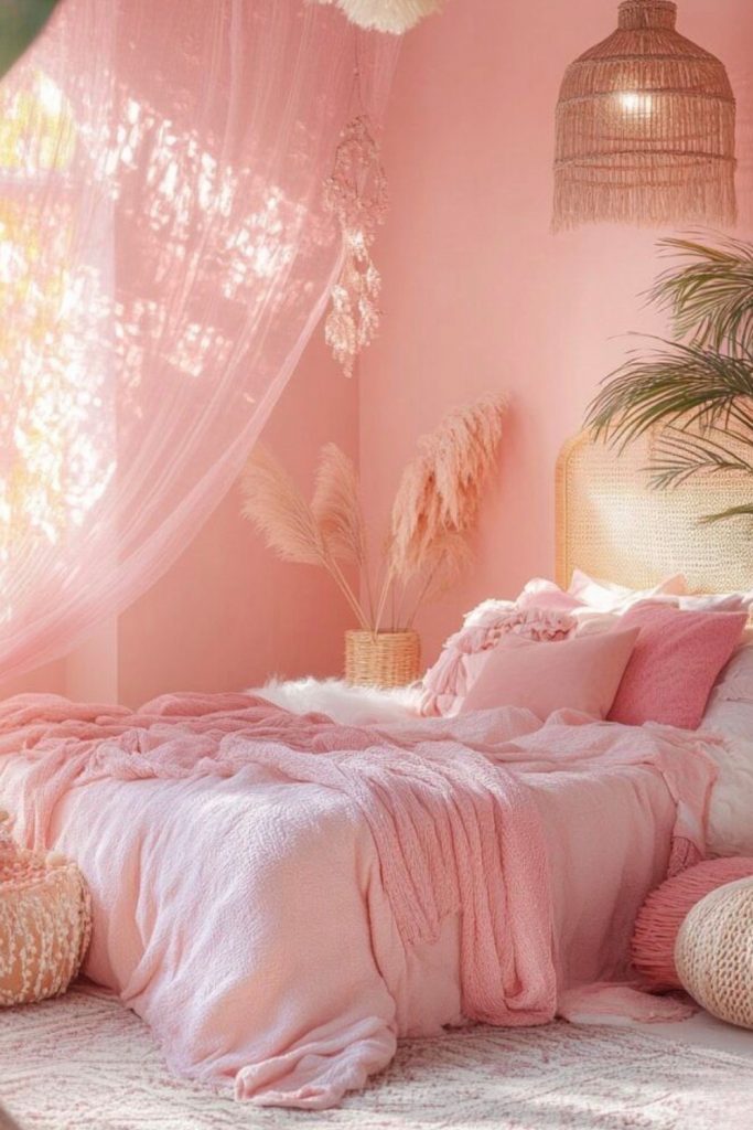 all pink bedroom aesthetic cozy feminine pink bedroom decor soft pink bedding warm lighting boho pink room
