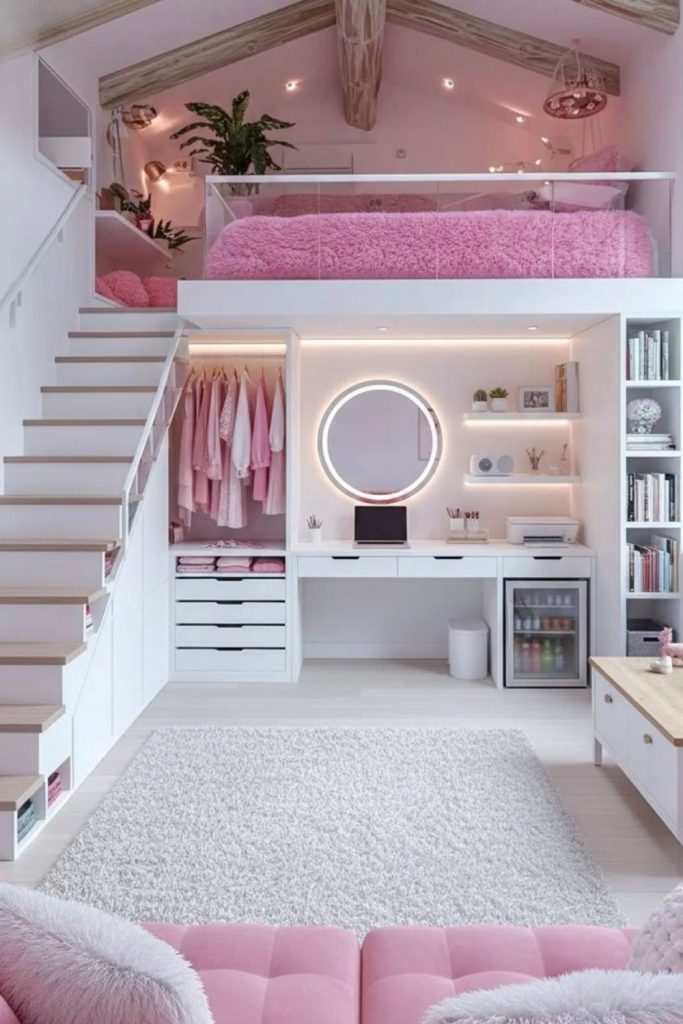 soft pink loft bedroom aesthetic cozy loft room feminine pink decor modern small bedroom inspiration