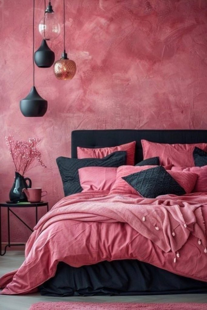bold pink and black bedroom dramatic wall deep pink bedding modern edgy bedroom aesthetic