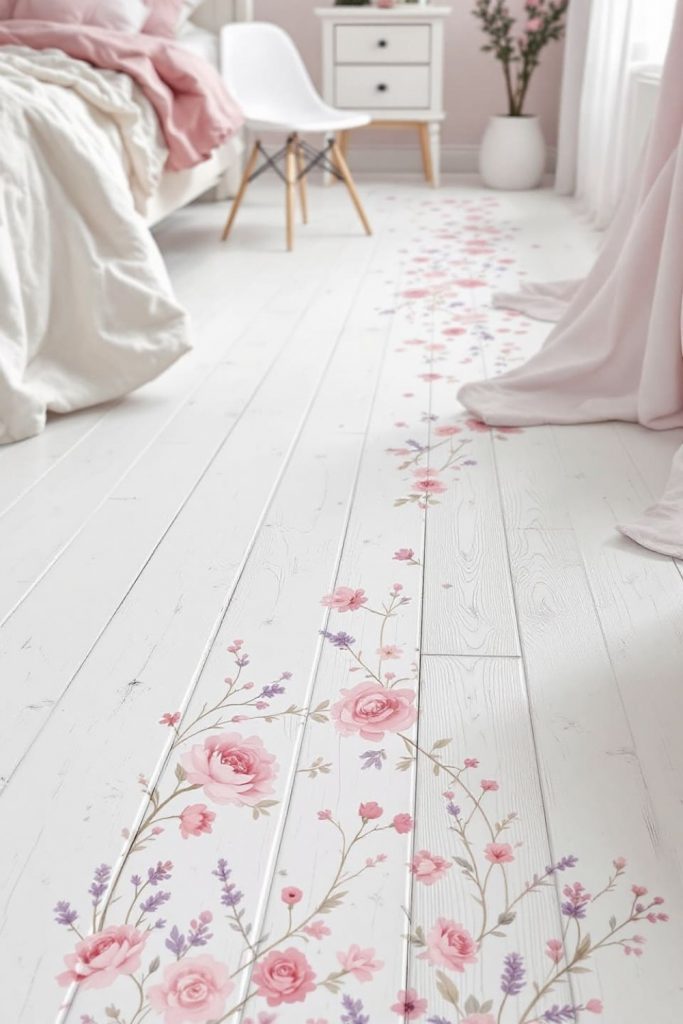 pink bedroom floral floor stickers aesthetic soft feminine bedroom floral walkway decor