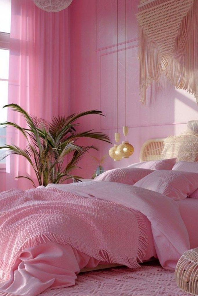 natural pink bedroom plants organic decor soft pink bedding cozy warm aesthetic