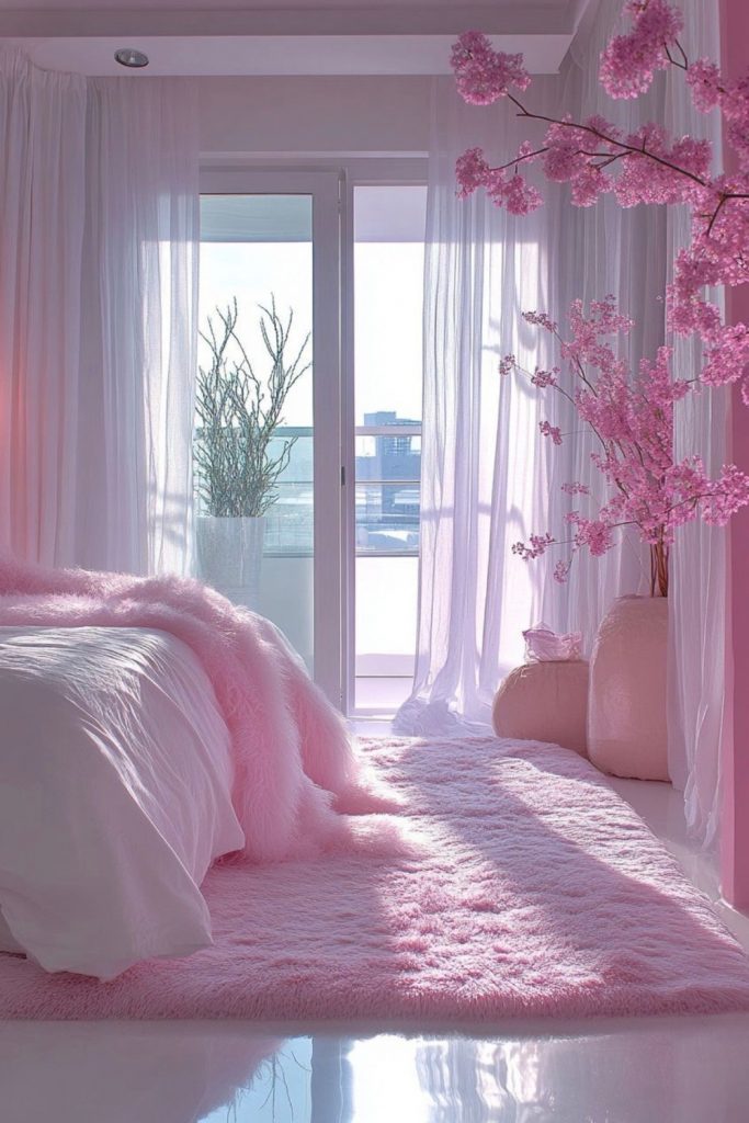 romantic pink bedroom soft textures sheer curtains fluffy rug feminine cozy aesthetic