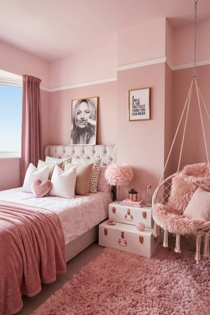 modern pink bedroom pinterest style cozy pink bedroom aesthetic feminine decor swing chair corner setup