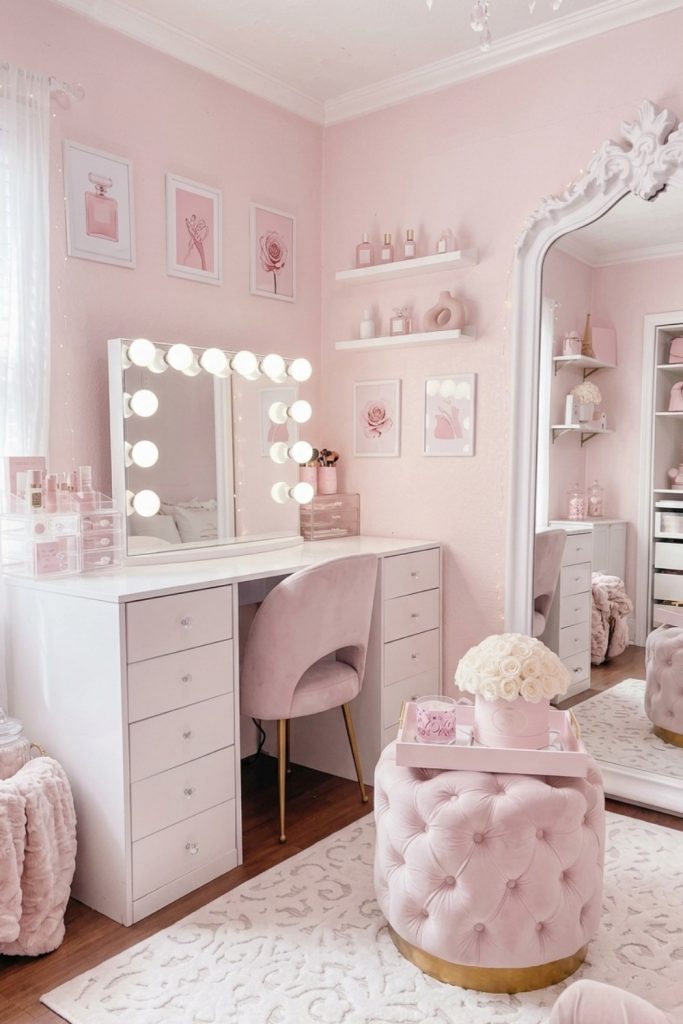 pink vanity bedroom hollywood mirror setup aesthetic makeup desk pink room decor storage ottoman feminine bedroom