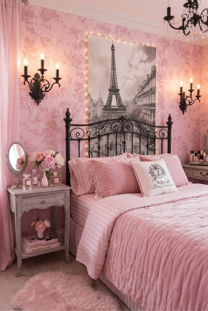 paris themed bedroom pink aesthetic eiffel tower wall mural romantic feminine bedroom decor paris style bedroom