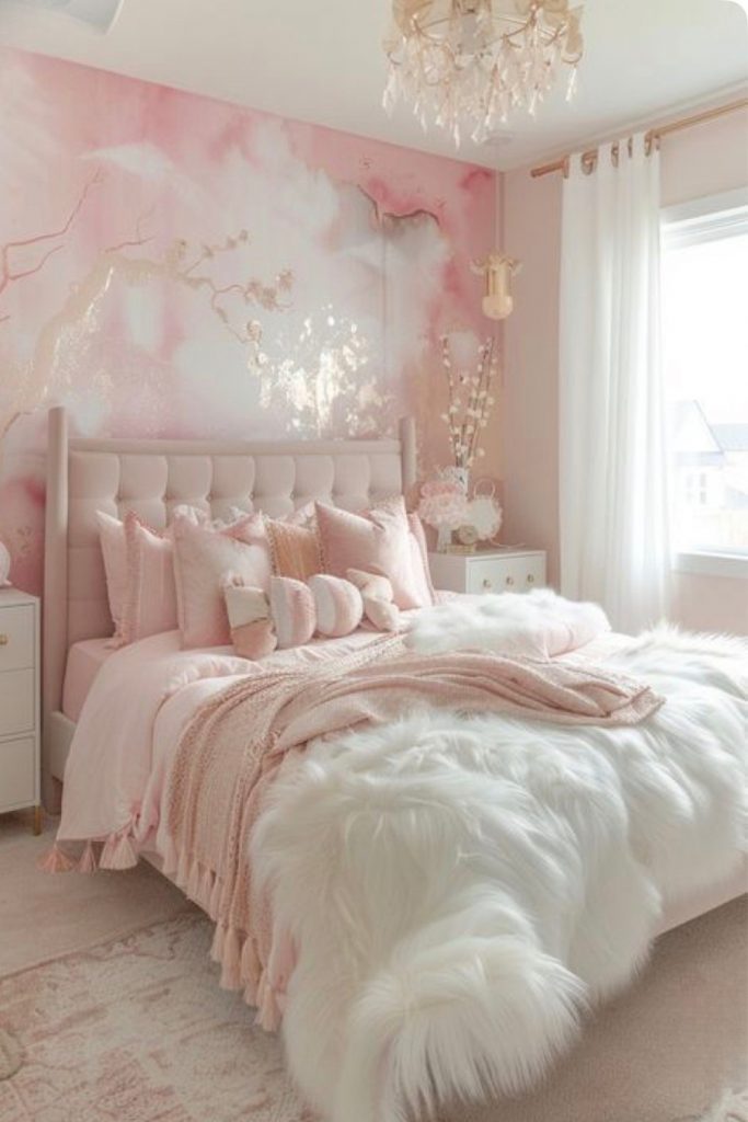 elegant pink bedroom statement wallpaper soft luxury bedroom feminine decor fluffy bedding aesthetic