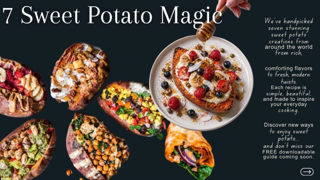 7 day sweet potato recipes free PDF guide cover with healthy sweet potato meals.