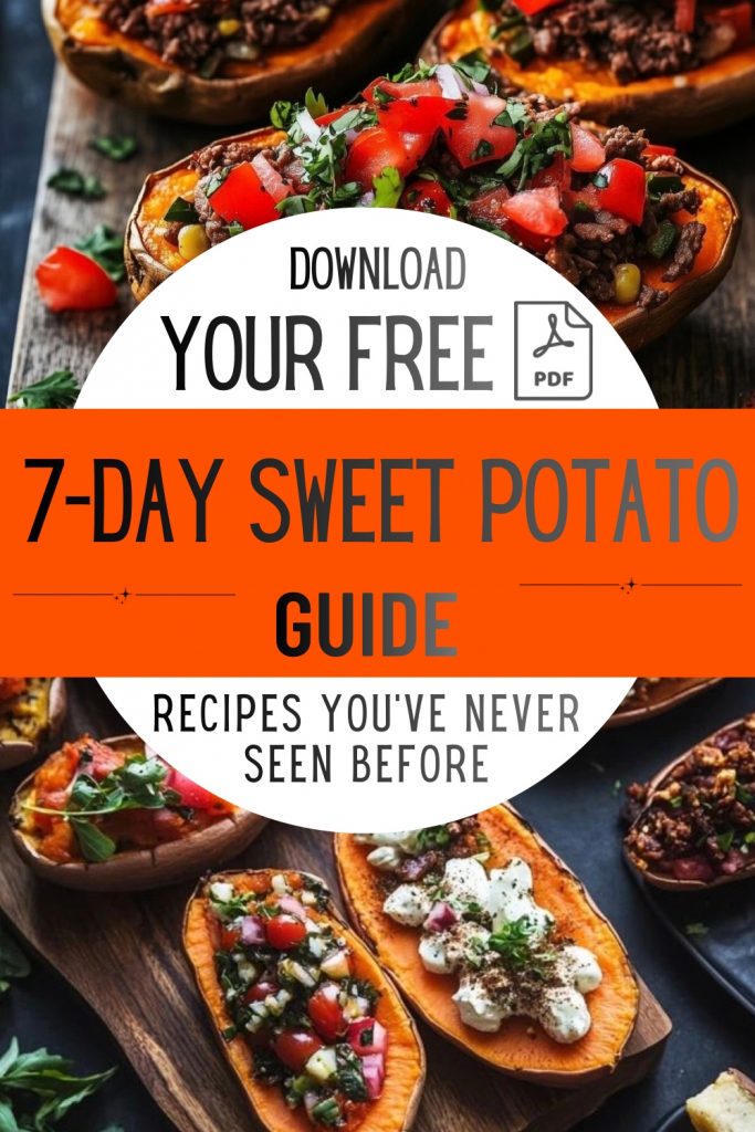 7 day sweet potato recipes free PDF guide cover with healthy sweet potato meals.