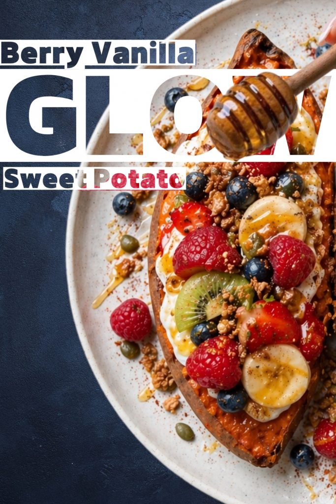 Berry vanilla sweet potato with yogurt, fresh fruits, granola and honey on a white plate.