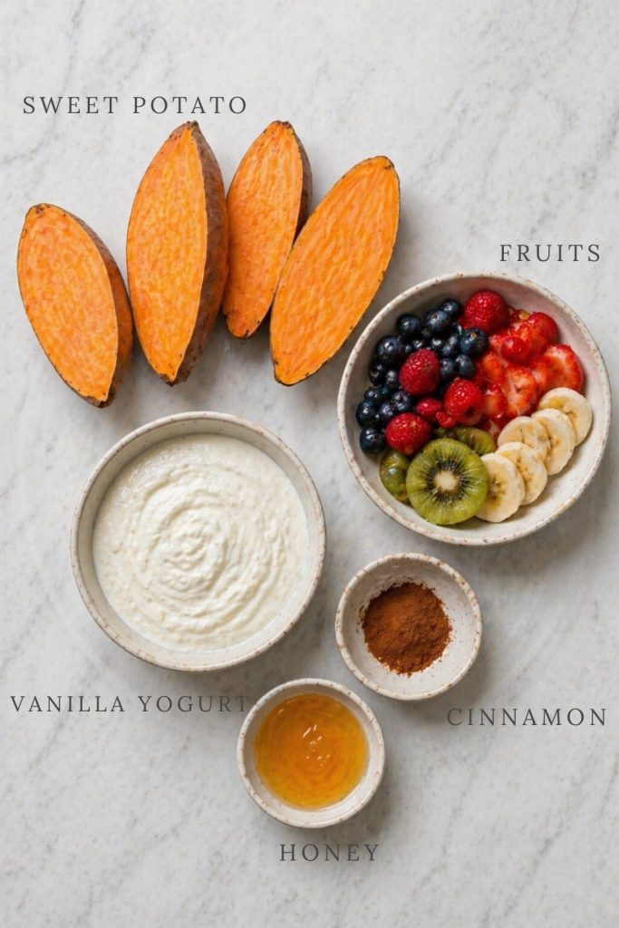 Sweet potato recipe ingredients including sweet potatoes, vanilla yogurt, fresh fruits, granola and honey on a light background