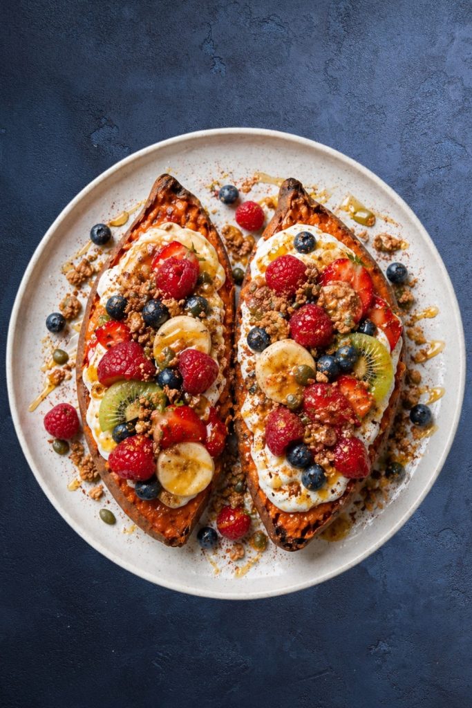 Baked sweet potato halves with vanilla yogurt, berries, banana and granola on a plate.