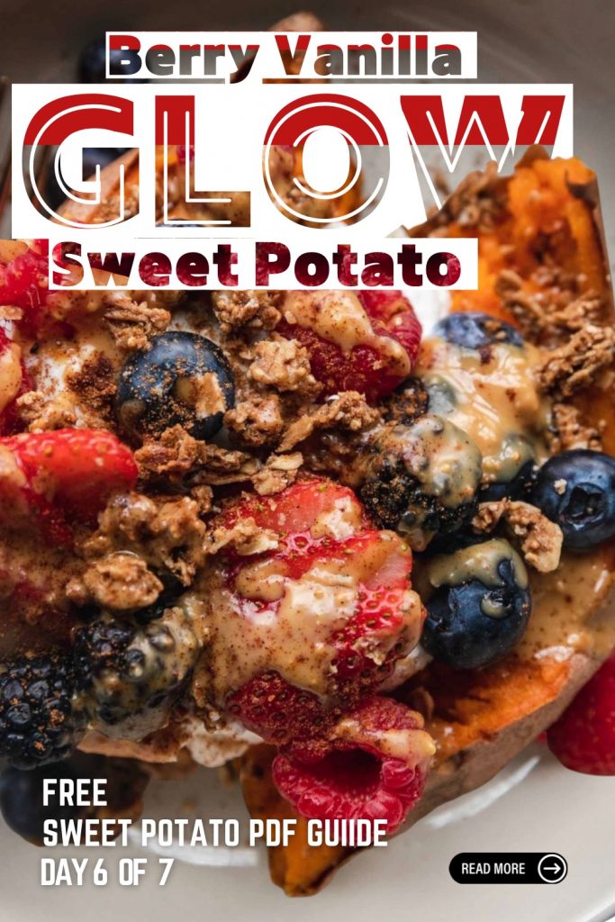 Top-down view of a sweet potato base topped with creamy yogurt, fresh blueberries, strawberries, and a drizzle of honey.